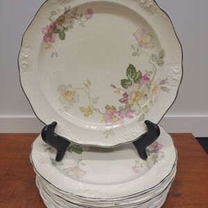 Taylor Smith Taylor China Dinner Plates Wild Briar Rose Embossed Platinum Rim 9"